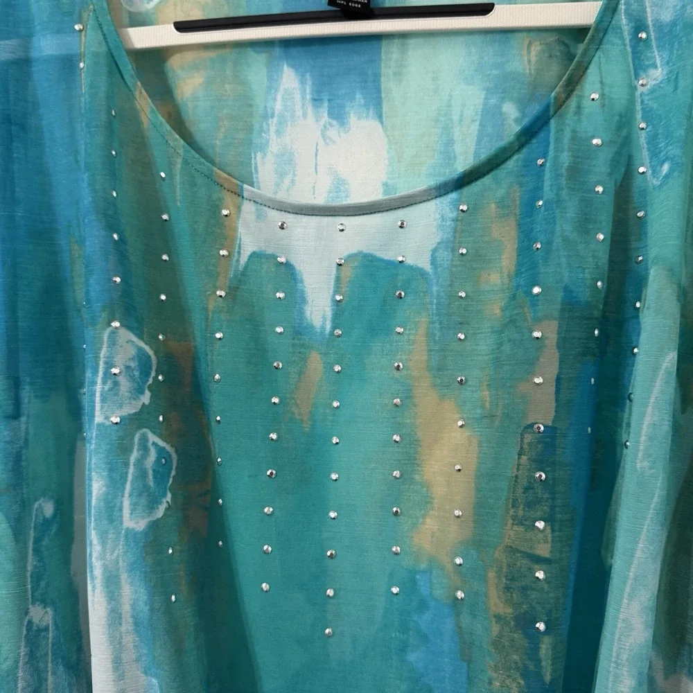 Mermaidcore Festival Top  Womens XL Teal Blue Abstract Watercolor Peplum Studded